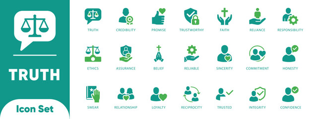 Truth and ethics vectors. Features scales, shield, oath, and promise icons. Ideal for legal UI, corporate compliance, and HR training.