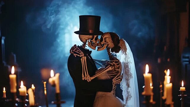 Halloweenthemed wedding scene with skeletons in formal attire, including a bride and groom. The skeletons are depicted in a romantic pose, with the bride in a flowing veil and the groom in a tuxedo.