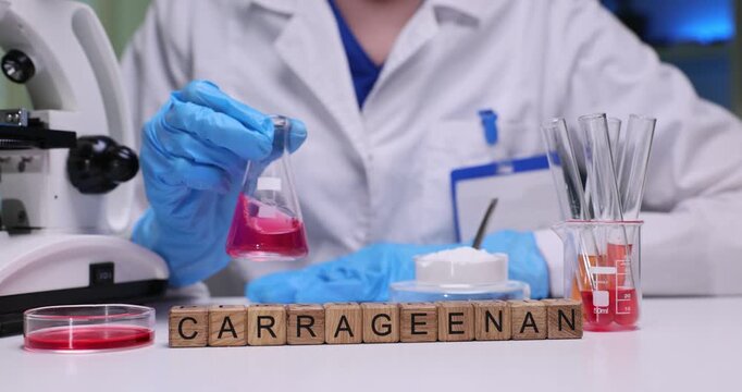 Laboratory worker slowly rotates glass beaker filled with translucent pink liquid. Wooden cubes form word Carrageenan indicating focus of study
