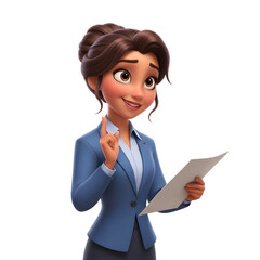 Cartoon woman in business attire explaining a document with a finger raised