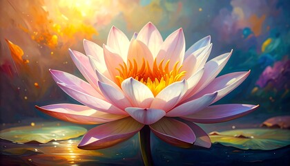 Close-up of a blooming lotus flower, pink petals, yellow center, tranquil water reflection, and a dreamy background