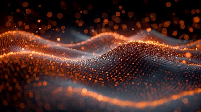 Flowing golden particle waves forming luminous data surface with smooth motion depth and abstract energy pattern in dark space