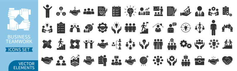 Business teamwork and collaboration icons set, people and management symbols, corporate partnership and leadership vector collection on transparent background