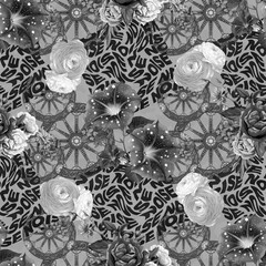 Blue and pink rose pattern with background black and white