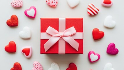 Red gift box with pink ribbon surrounded by colorful hearts on a white background