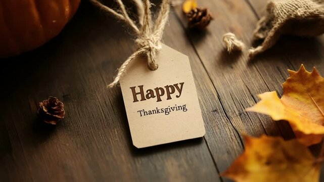 Thanksgiving holiday promotion theme. A closeup shot of a wooden surface with autumnal leaves and a tag. The tag reads Happy Thanksgiving in a cursive font. The colors are warm.