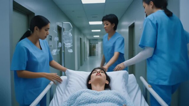 Healthcare professionals in scrubs rushing through hospital corridor for urgent patient care
