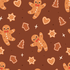 Seamless pattern with cute gingerbread cookies. Holiday pastry, cookies. Design for banner, wallpaper, wrapping paper, background, card, poster. Vector illustration in flat style