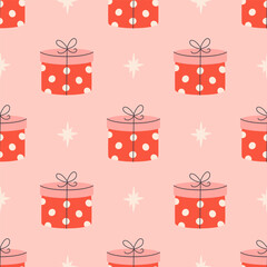Seamless pattern with cute gift boxes. Festive gifts for holidays. Design for banner, wallpaper, wrapping paper, background, card, poster. Vector illustration in flat style