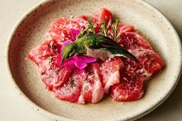 Naklejka premium Hummingbird on Beef Carpaccio