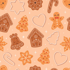 Seamless pattern with cute gingerbread cookies and cookie cutters. Holiday pastry. Design for banner, wallpaper, wrapping paper, background, card, poster. Vector illustration in flat style