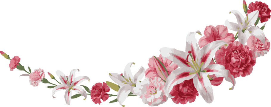 Panoramic watercolor illustration of a spring bouquet with carnations and lilies as a horizontal floral border for Mother&rsquo;s Day or wedding invitations, vector