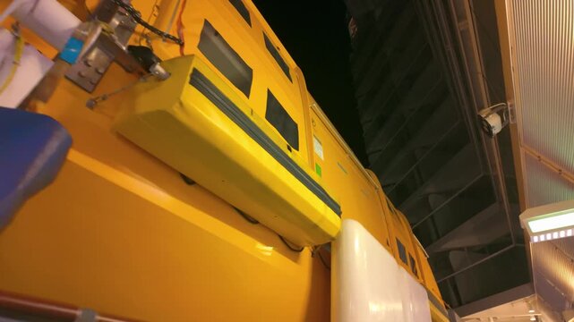 Bright yellow emergency lifeboat securely affixed to the side of a ship. Illuminated by artificial lighting, the lifeboat is ready for deployment
