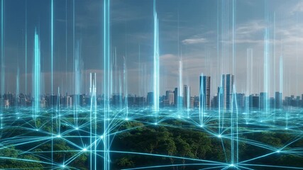 Futuristic city skyline with lush greenery and digital technology overlay for smart urban living