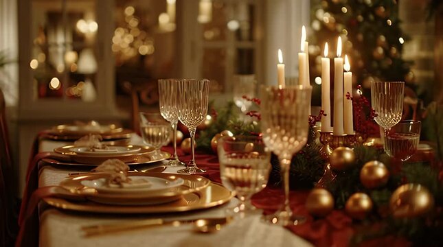 Elegant Christmas Table Setting with Red and Gold Decorations: Festive Dining Arrangement Video.