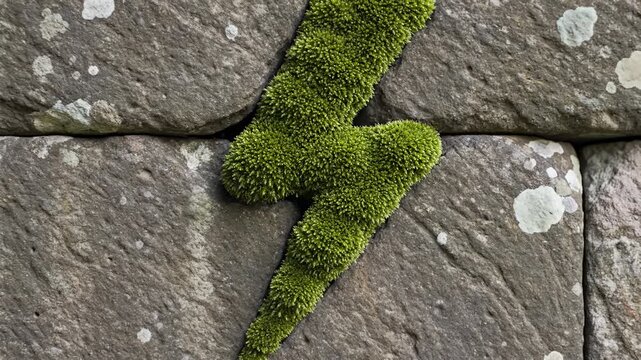 Moss Grows in Lightning Bolt Stone Carving on Stone Brick Wall