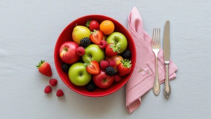 Fresh mixed fruits in a red bowl on a light textured surface