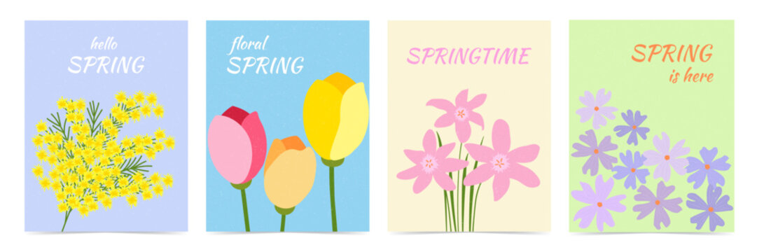 Set of four banners depicting spring flowers with grain texture. The banners contain inscriptions Hello spring, Floral spring, Springtime and Spring is here.