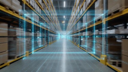 Futuristic warehouse with glowing lines, representing speed and technology in logistics and supply chain - Powered by Adobe