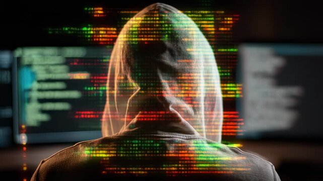 Mysterious hooded figure coding at a computer in a dark environment for cybersecurity themes
