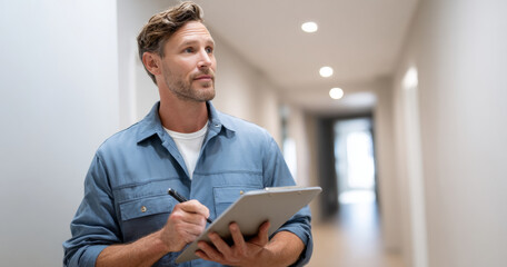 Thoughtful maintenance worker holding clipboard and pen standing in bright hallway with focused expression