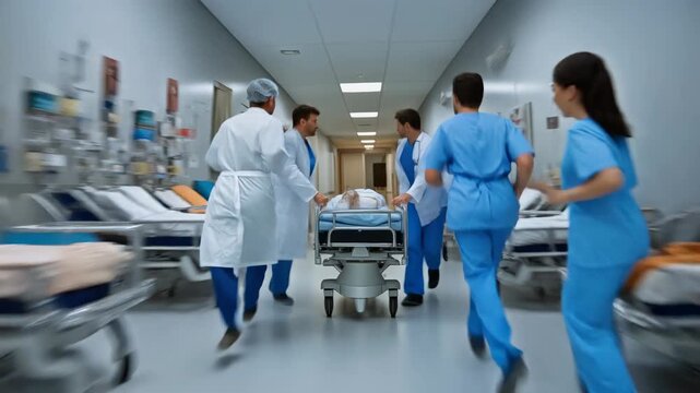 Dynamic scene of medical professionals rushing through a hospital corridor in scrubs