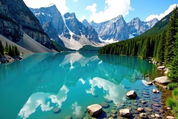 Crystal-clear lake nestled in majestic mountains, peaks, view, foliage