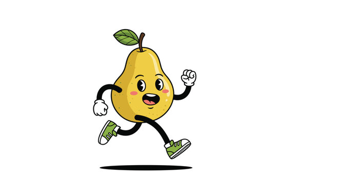 A happy and retro-style cartoon pear character with arms and legs, running with a joyful expression on its face.
