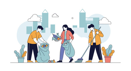 An illustration of a group of young volunteers cleaning up a park in a city, promoting community service and environmental care.