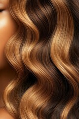 Fototapeta premium Soft wavy brown and blonde hair detail close up with subtle highlights and smooth texture.