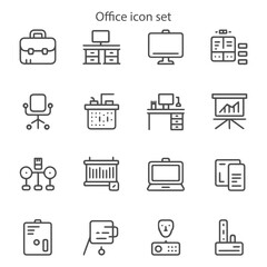 Minimal Office Line Icons Set with Business Workspace Symbols, Furniture, Devices, Presentation Charts, Planner Calendar and Organization Tools Collection

