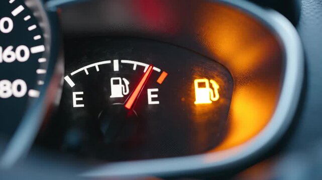 Close-up of a car's fuel gauge clearly indicating "Empty" with a bright, illuminated low fuel warning light.