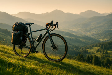 Obraz premium Bicycle parked on a grassy hill overlooking mountains at sunset