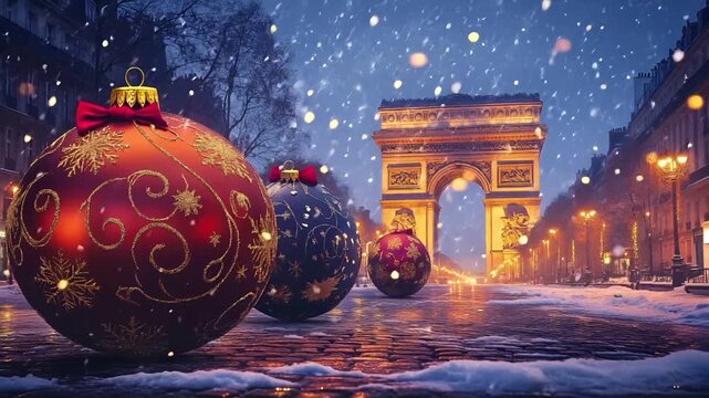 Winter holiday celebration concept. Christmas New Year. A Christmasthemed digital artwork featuring the Arc de Triomphe in Paris during a snowfall.