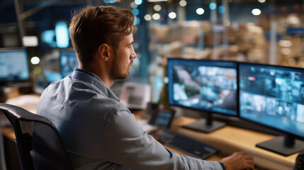 Faceless logistics manager seated at desk focused on multiple computer screens while overseeing operations in bustling warehouse filled with activity, defocused professional monitoring, with