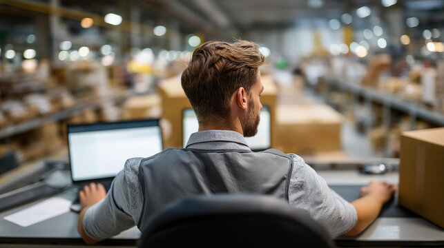 Faceless logistics manager seated at desk focused on multiple computer screens while overseeing operations in bustling warehouse filled with activity, defocused professional monitoring, with - Powered by Adobe