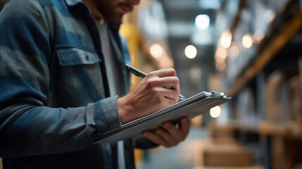 Faceless warehouse worker examining digital plan, logistics blueprint review, distribution layout analysis, facility planning documentation, defocused person studying, with copy space