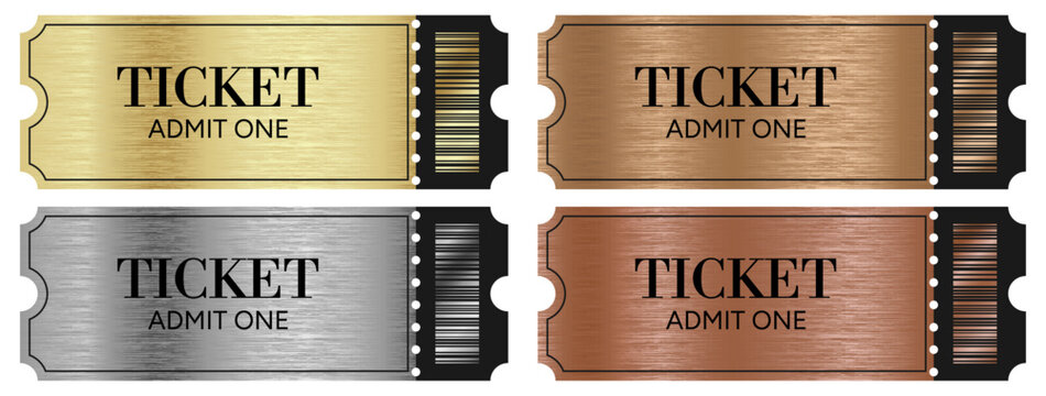 A set of four blank ticket templates in gold, silver, bronze, and copper