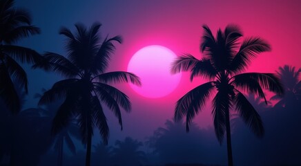 Obraz premium View of a sunset with palm trees and a pink sky travel concept copy space