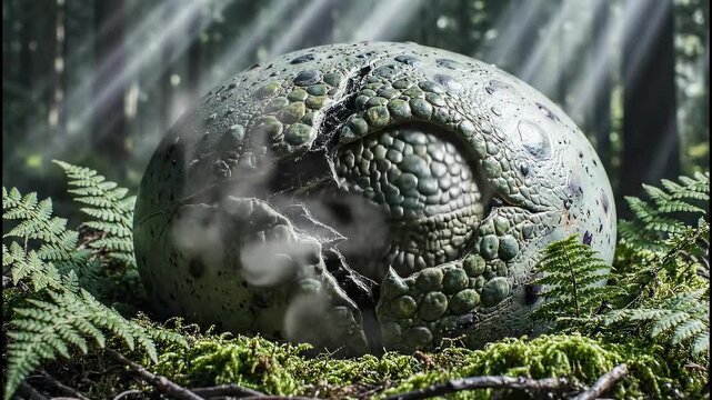 Mysterious dinosaur egg hatching in a prehistoric forest nest with dramatic light rays for new life concept and ancient awakening