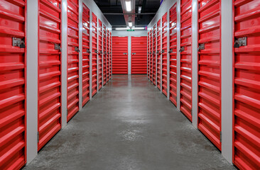 Self storage facility, red metal doors with locks. Storage corridor warehouse. Selective focus
