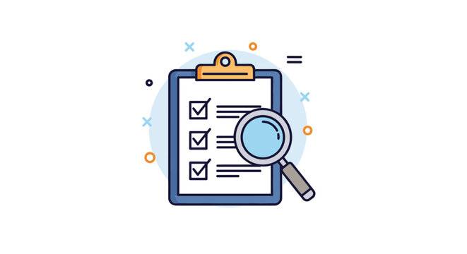 Clipboard with a checklist and a magnifying glass illustrating inspection and quality control and data verification in a professional workflow environment.