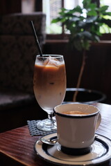 Coffee on table and blured cafe stock photo, Japan