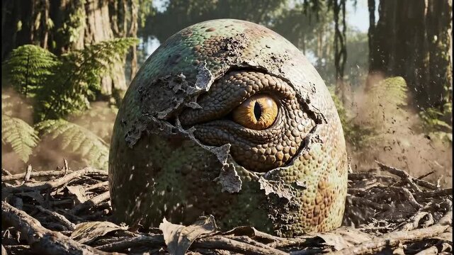 Realistic CGI dinosaur egg hatching in a nest in a lush prehistoric jungle, revealing a reptilian eye for a new life concept and ancient discovery