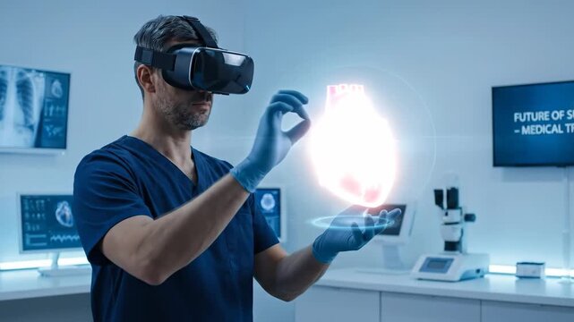 Male surgeon wearing VR headset interacting with a 3D hologram of a human heart. Doctor using virtual reality technology for medical training and cardiology analysis in a futuristic laboratory