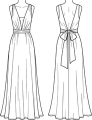 Elegant Sleeveless Long Maxi Dress Flat Sketch Technical Drawing Fashion Illustration, Deep V-Neck, Empire Waist, A-Line Skirt, Open Back with Large Bow Tie Detail, Front and Back View.