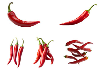 Collection of fresh red chili peppers isolated on transparent background