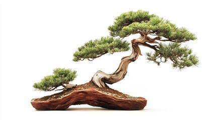 Fototapeta premium Twisted pine bonsai tree with green needles in a rustic wooden pot on white background pine tree twisted trunk