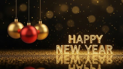Happy New Year golden text with festive ornaments