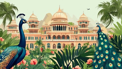 Two peacocks in front of an ornate Indian palace with domes and lush greenery architecture